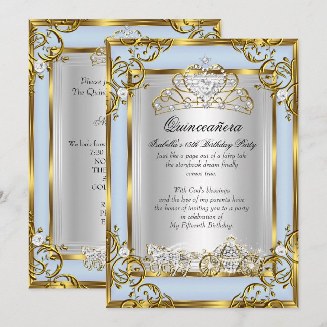 Princess Quinceanera 15th Birthday Blue Invitation (Front/Back)