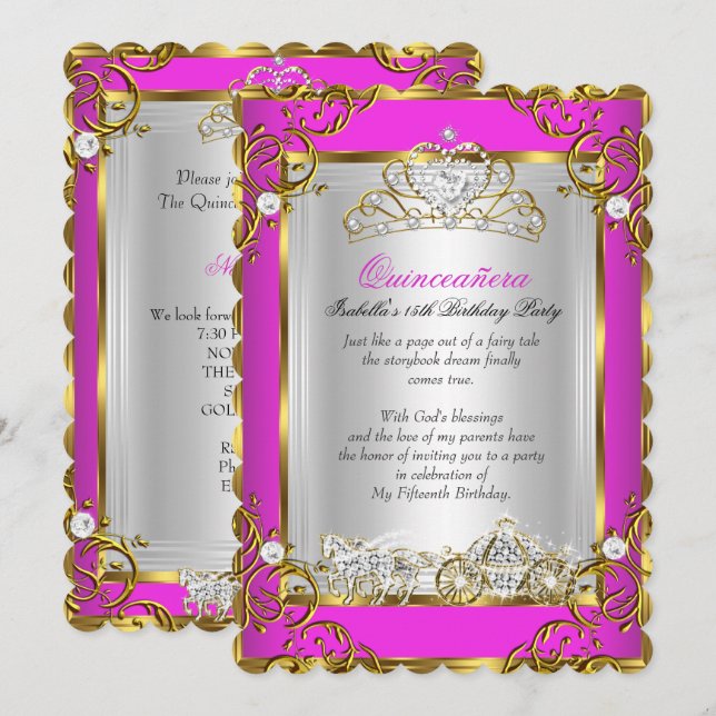 Princess Quinceanera 15th Birthday Hot Pink Invitation (Front/Back)