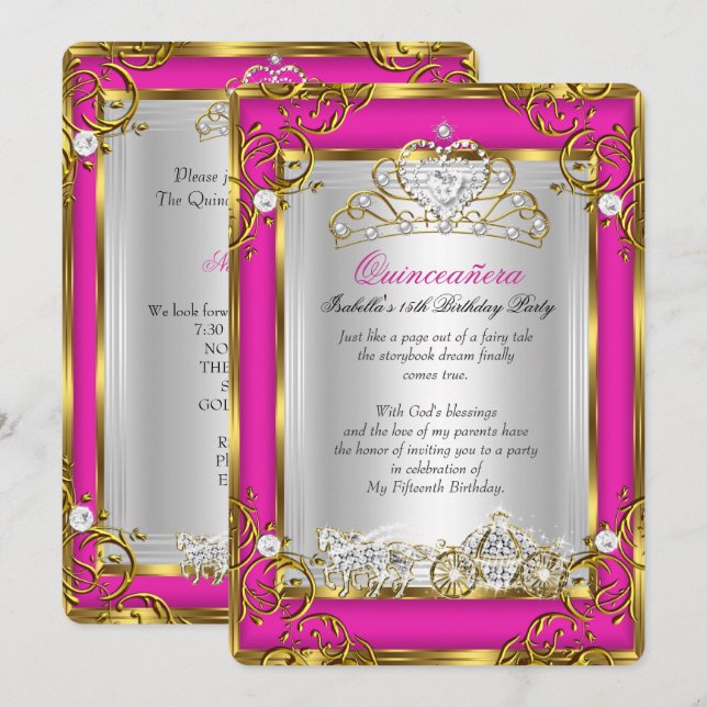 Princess Quinceanera 15th Birthday Pink Gold Invitation (Front/Back)