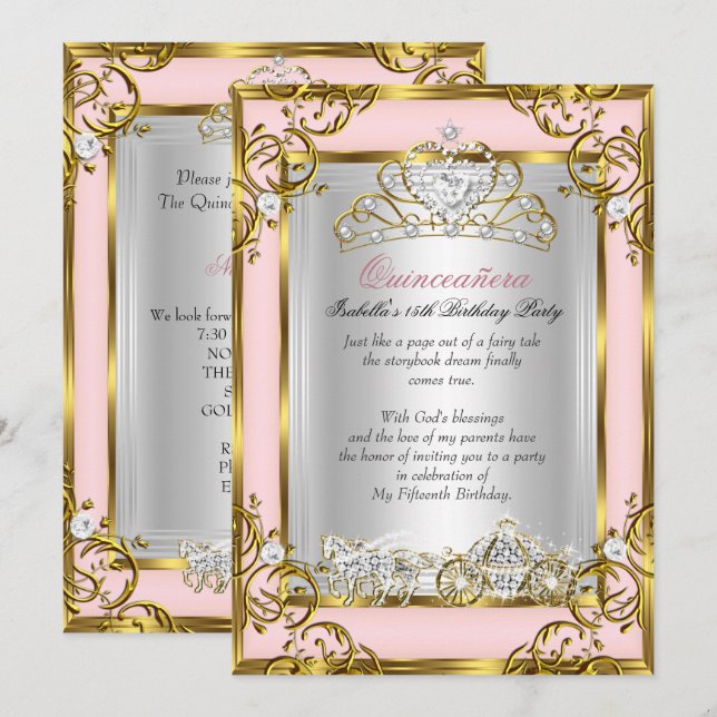 Princess Quinceanera 15th Birthday Pink Peach Invitation (Front/Back)