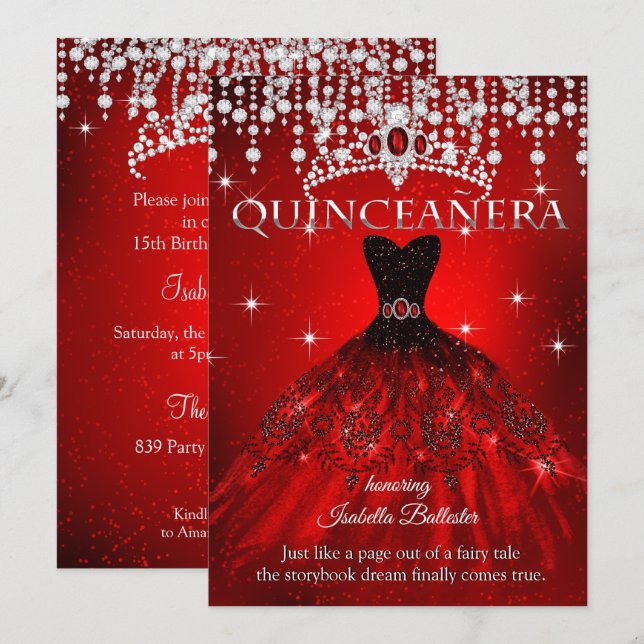 Princess Quinceanera 15th Birthday Red Tiara Invitation (Front/Back)