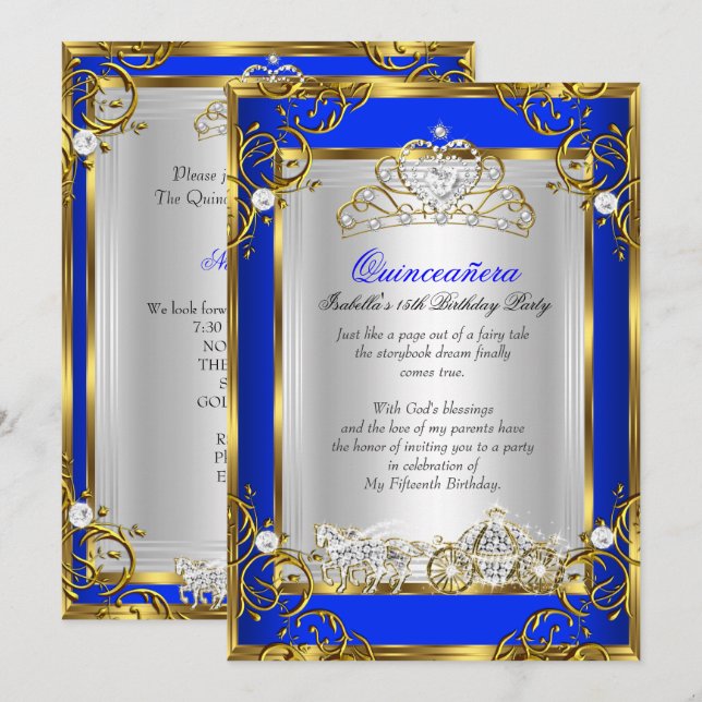 Princess Quinceanera 15th Birthday Royal Blue 2 Invitation (Front/Back)