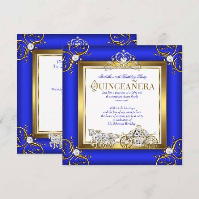 Princess Quinceanera 15th Birthday Royal Blue Gold Invitation (Front/Back)