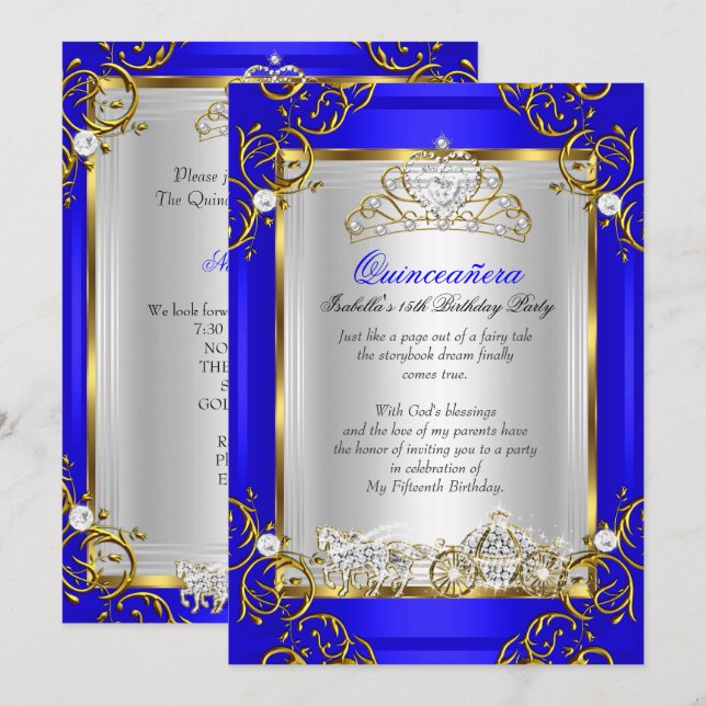 Princess Quinceanera 15th Birthday Royal Blue Invitation (Front/Back)