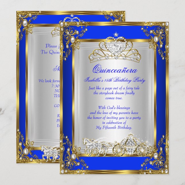 Princess Quinceanera 15th Birthday Royal Blue Invitation (Front/Back)