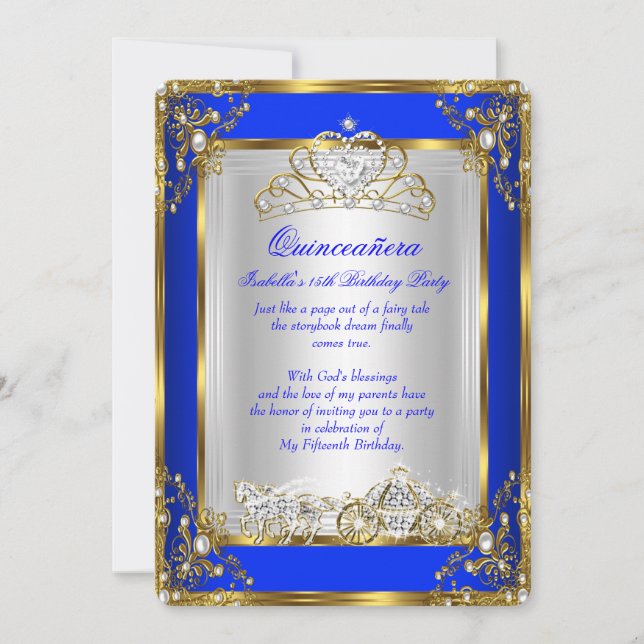Princess Quinceanera 15th Birthday Royal Blue Invitation (Front)