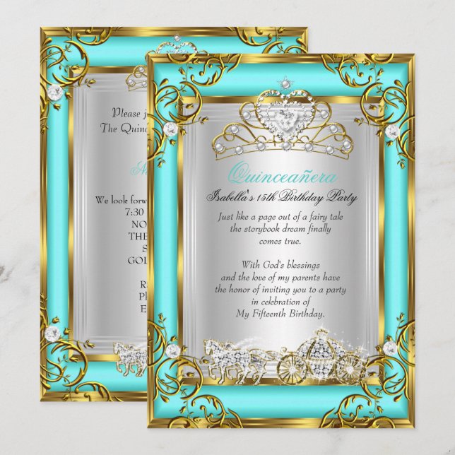 Princess Quinceanera 15th Birthday Teal Aqua Invitation (Front/Back)