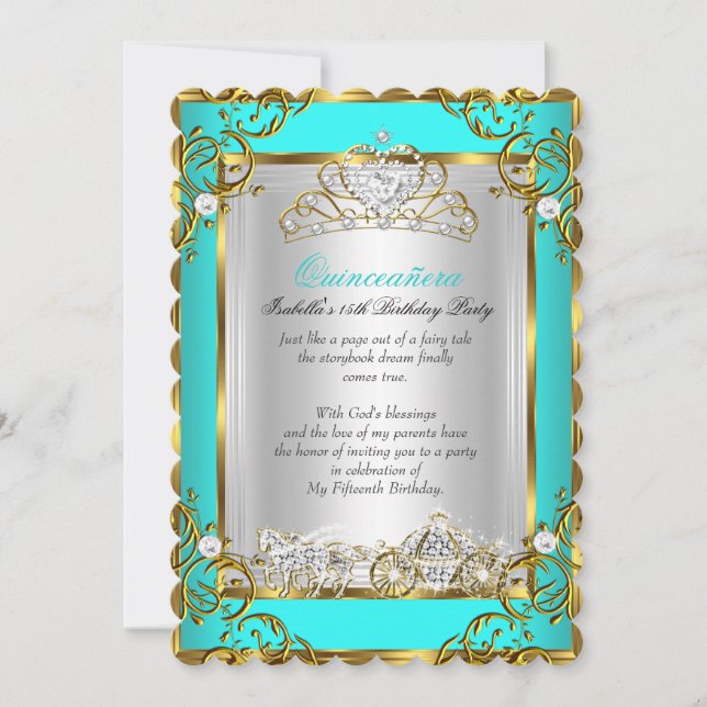 Princess Quinceanera 15th Birthday Teal Blue Invitation (Front)