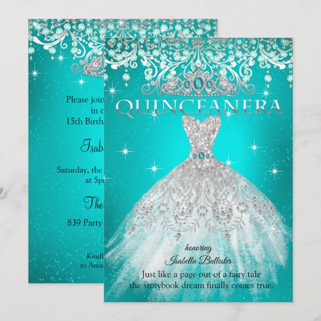 Princess Quinceanera 15th Birthday Teal Blue Tiara Invitation (Front/Back)