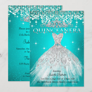 Princess Quinceanera 15th Birthday Teal Blue Tiara Invitation