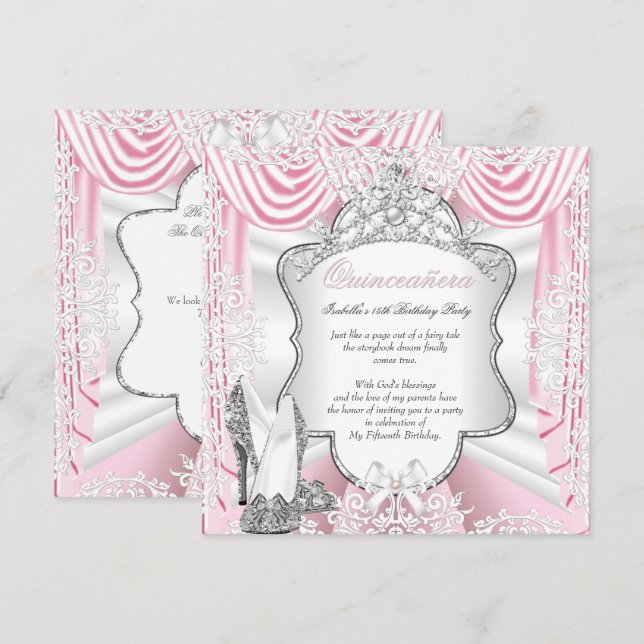 Princess Quinceanera 15th Party Silk Pink Invitation (Front/Back)
