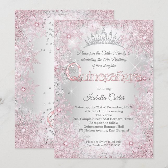 Princess Quinceanera Birthday Party Pink Silver Invitation (Front/Back)