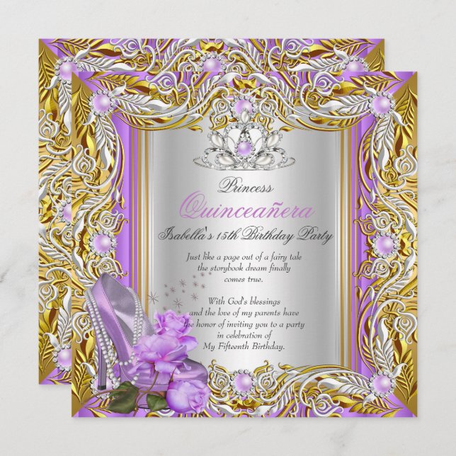 Princess Quinceanera Birthday Purple Rose Gold 2 Invitation (Front/Back)