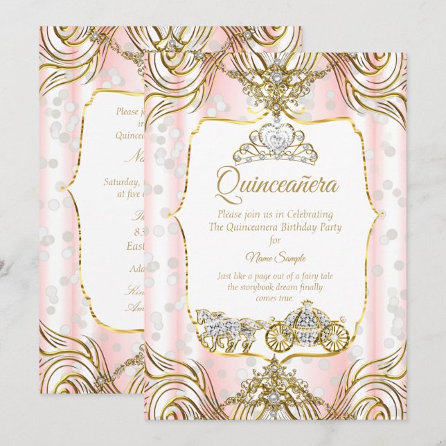 Princess Quinceanera carriage gold pink white Invitation (Front/Back)