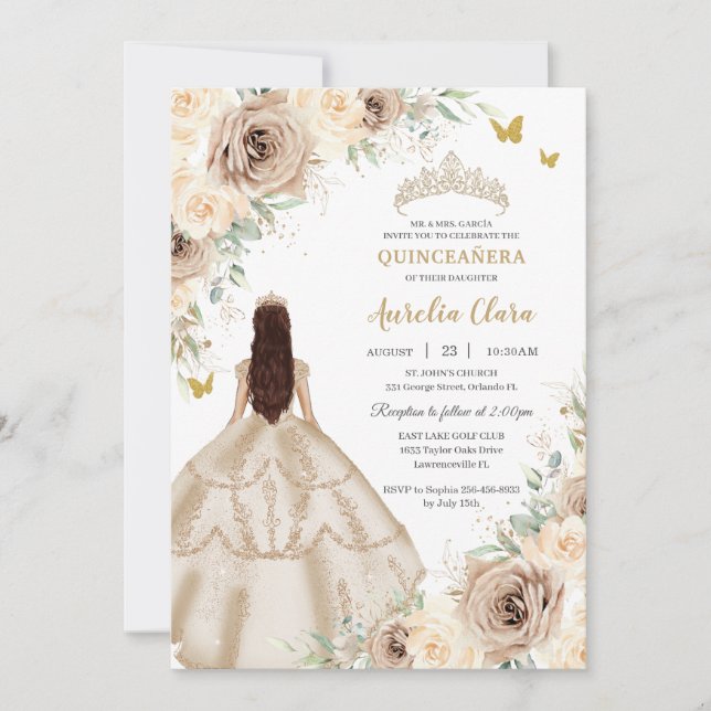 Princess Quinceañera Champagne Floral Roses Dress  Invitation (Front)