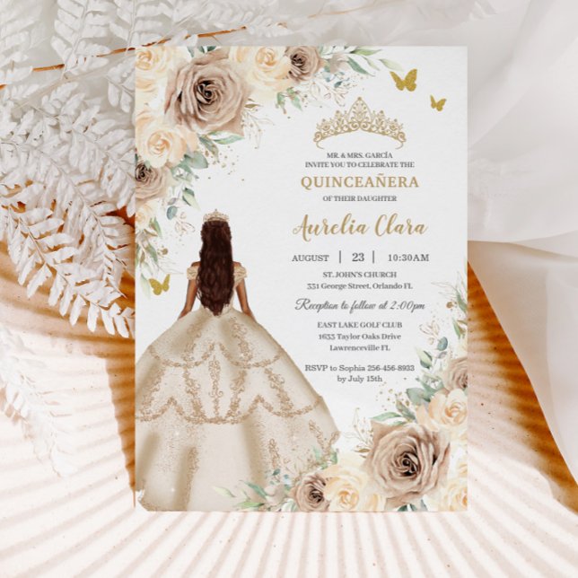 Princess Quinceañera Champagne Floral Roses Dress  Invitation (Creator Uploaded)
