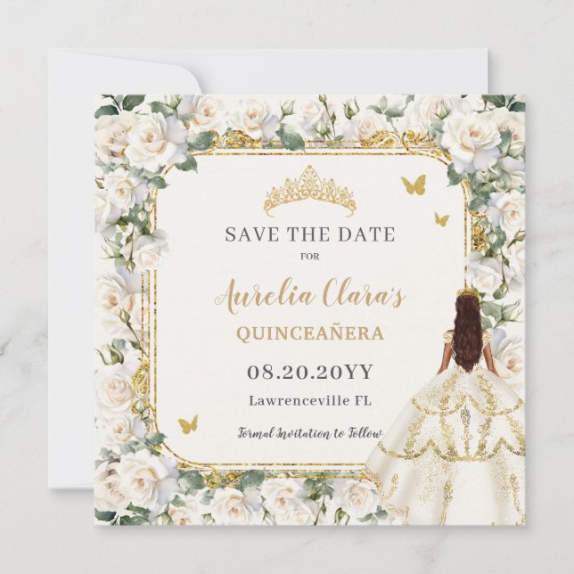 Princess Quinceañera Champagne Ivory Roses Dress Save The Date (Front)