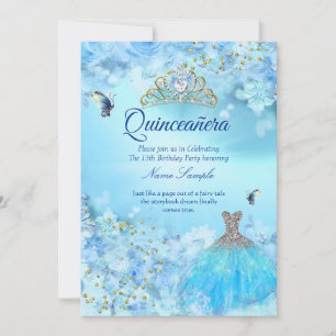 Princess Quinceanera cinderella blue floral dress Invitation