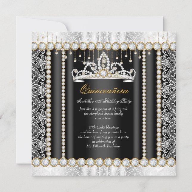 Princess Quinceanera Diamond Lace Black White Invitation (Front)