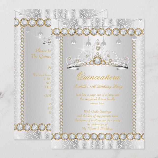 Princess Quinceanera Diamond Lace Gold Silver Invitation (Front/Back)