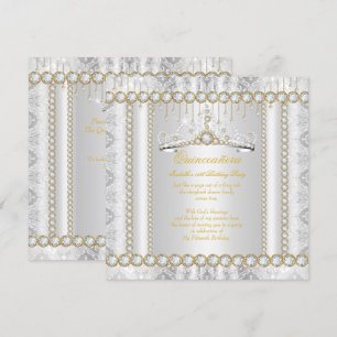 Princess Quinceanera Diamond Lace Gold White Invitation