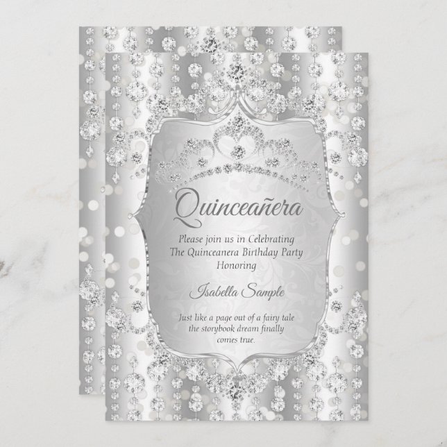 Princess Quinceanera diamond silver white tiara Invitation (Front/Back)