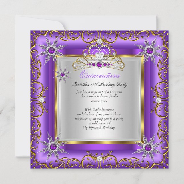 Princess Quinceanera Elite Gold Silver Purple Invitation (Front)