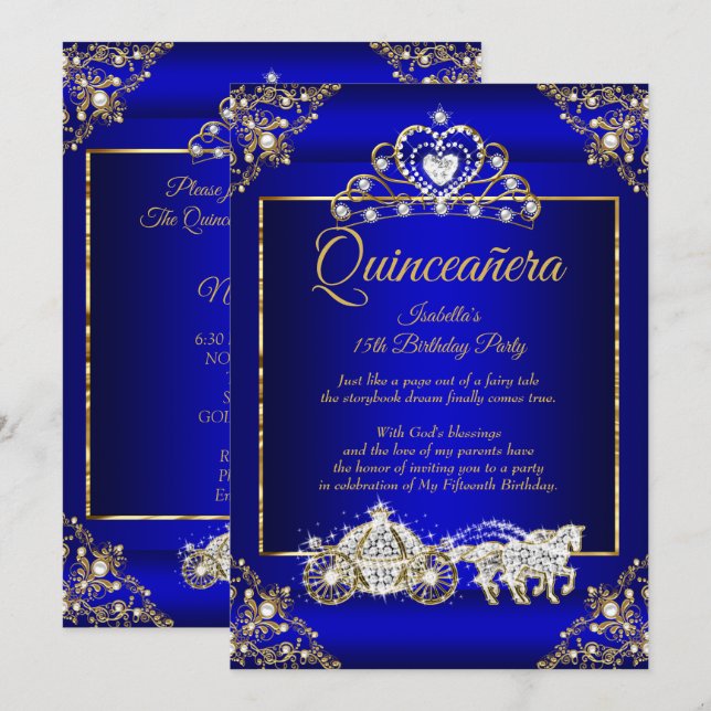 Princess Quinceanera Elite Royal Blue Gold Invitation (Front/Back)