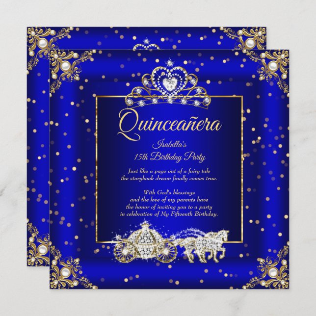 Princess Quinceanera Elite Royal Blue Gold Sparkle Invitation (Front/Back)
