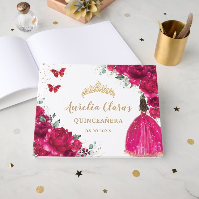 Princess QUINCEANERA Fuchsia Hot Pink Floral Guest Book (Front Open)