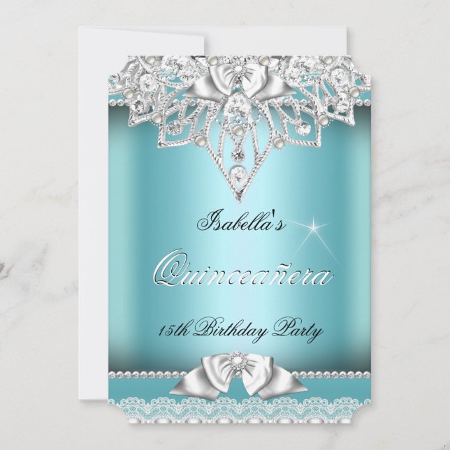 Princess Quinceanera Girl Teal Lace 15th Party 3 Invitation (Front)