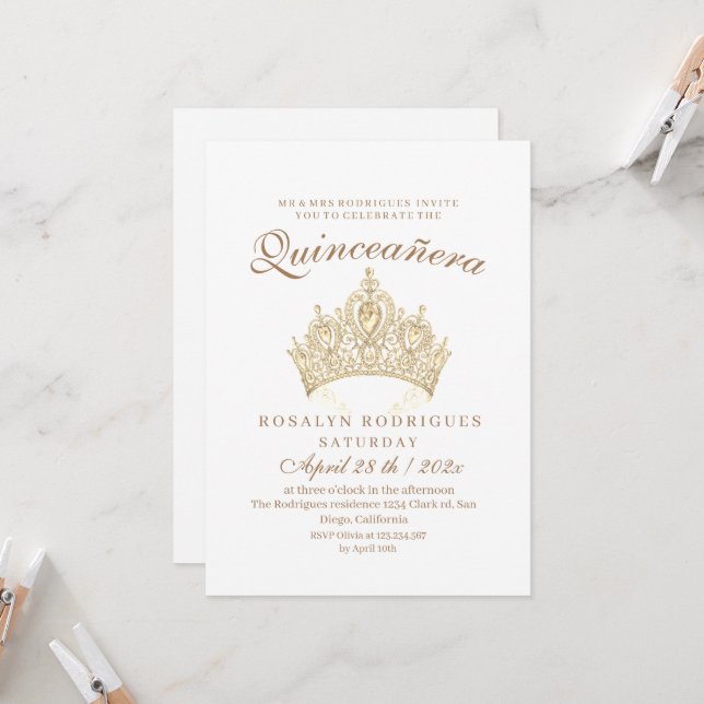 Princess Quinceañera Gold Crown White  Invitation (Front/Back In Situ)