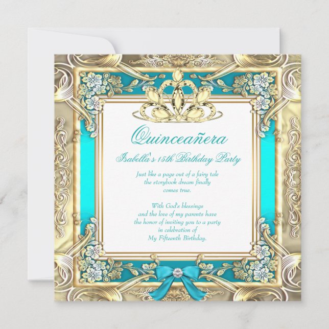 Princess Quinceanera Gold Hot Teal Silver White Invitation (Front)