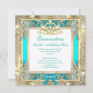 Princess Quinceanera Gold Hot Teal Silver White Invitation