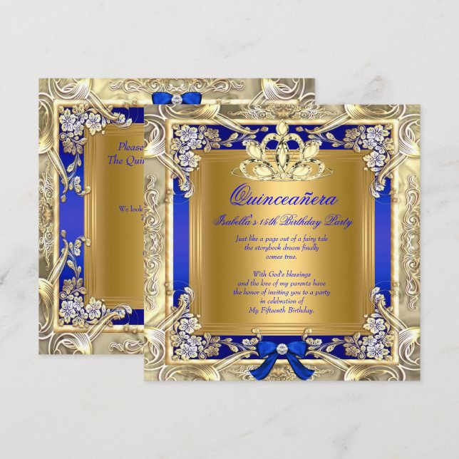 Princess Quinceanera Gold Royal Blue Silver Party Invitation (Front/Back)