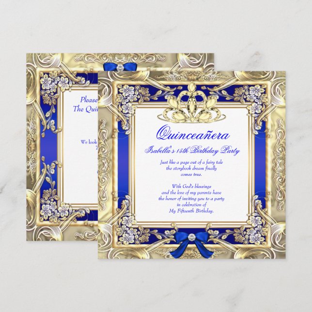 Princess Quinceanera Gold Royal Blue Silver White Invitation (Front/Back)