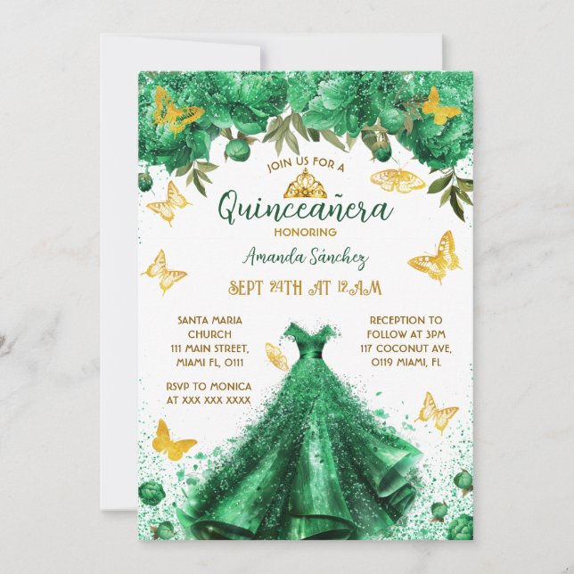 Princess Quinceanera Green Floral  Invitation (Front)
