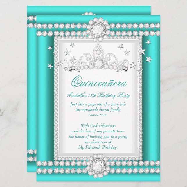 Princess Quinceanera Jade Teal Diamond Tiara Invitation (Front/Back)
