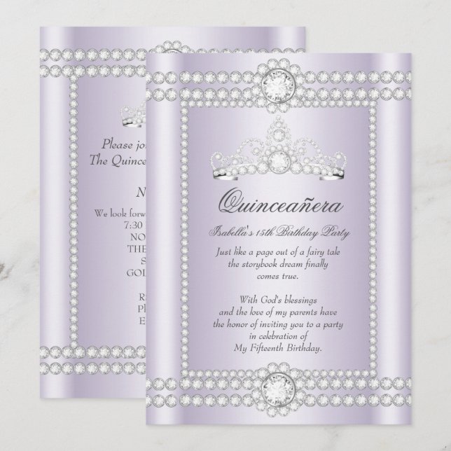 Princess Quinceanera Lilac Silver Diamond Tiara Invitation (Front/Back)