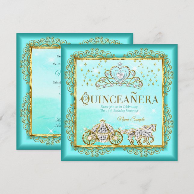 Princess Quinceañera magical Teal Blue Gold Invitation (Front/Back)