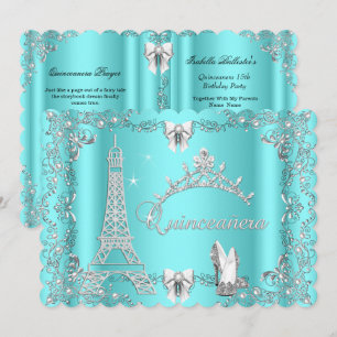 Princess Quinceanera Magical Teal Blue Silver heel Invitation