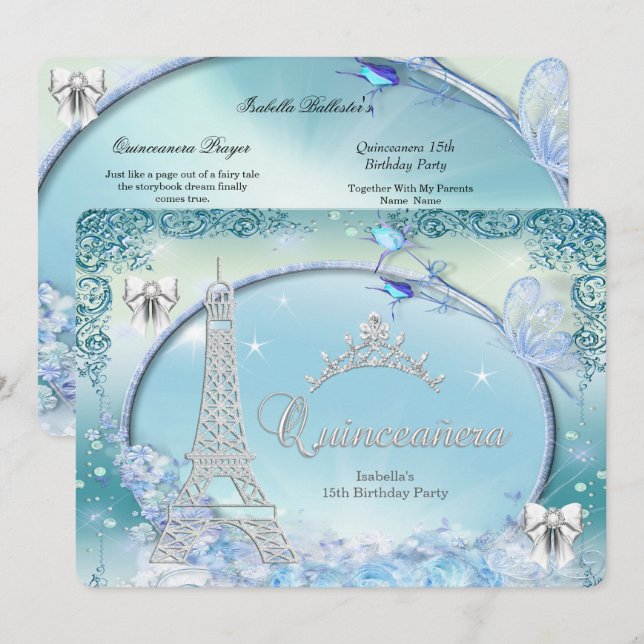 Princess Quinceanera Magical Teal Blue Silver Invitation (Front/Back)