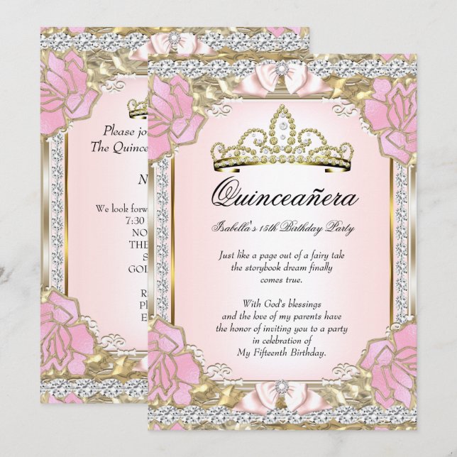 Princess Quinceanera Pink Gold 15th Birthday 2 Invitation (Front/Back)
