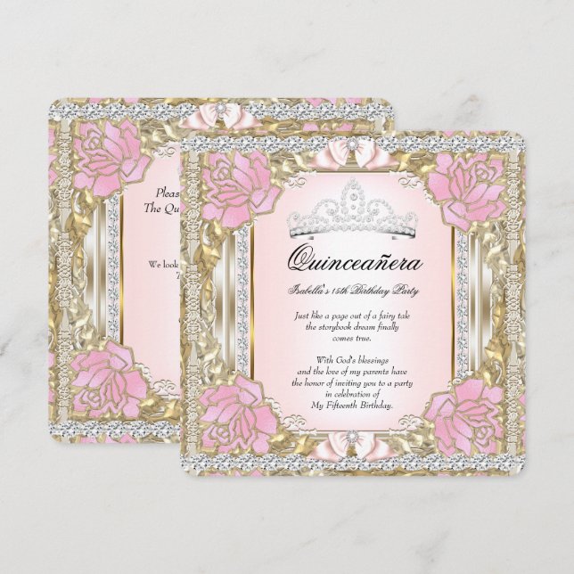 Princess Quinceanera Pink Gold 15th Birthday Invitation (Front/Back)