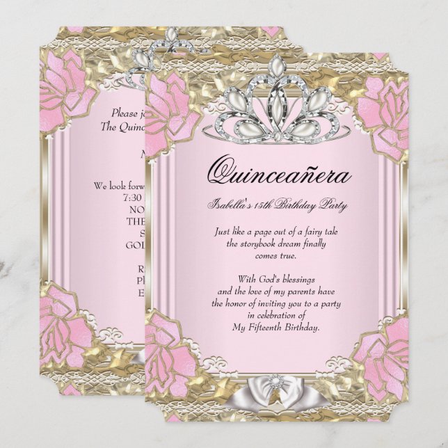 Princess Quinceanera Pink Gold 15th Birthday Party Invitation (Front/Back)