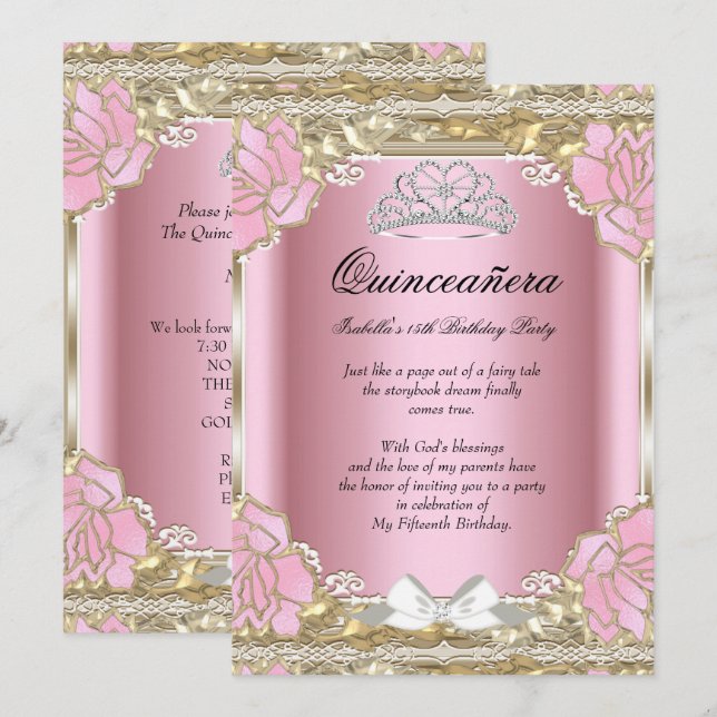 Princess Quinceanera Pink Gold 15th Birthday Tiara Invitation (Front/Back)
