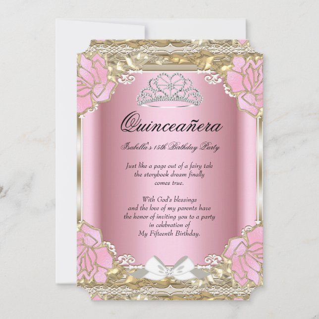 Princess Quinceanera Pink Gold 15th Birthday Tiara Invitation (Front)