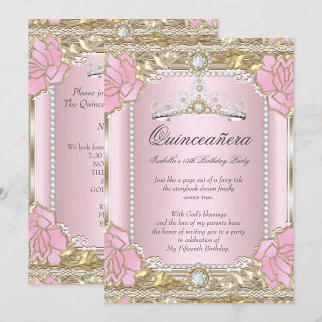 Princess Quinceanera Pink Gold Diamond Tiara Invitation (Front/Back)