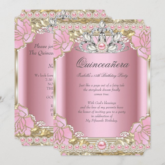 Princess Quinceanera Pink Pearl Birthday Party Invitation (Front/Back)