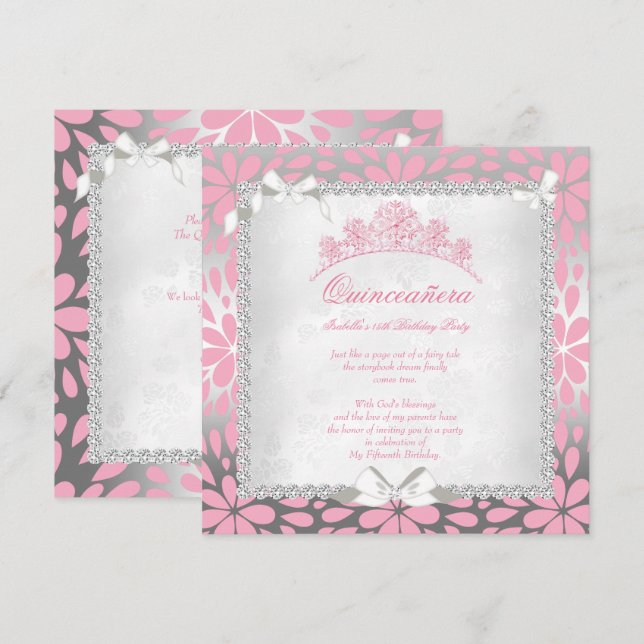 Princess Quinceanera Pretty Floral Pink Birthday Invitation (Front/Back)
